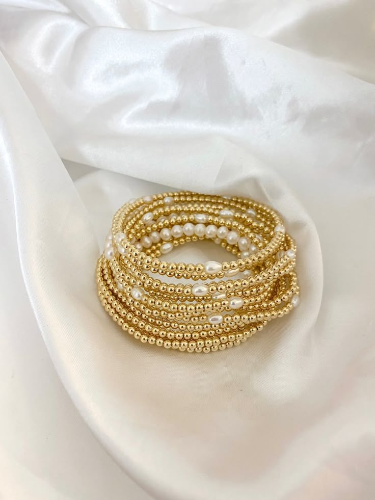 Handmade Royal Gold Bead & Luminous Pearl Cluster Bracelet Stack - Image 3