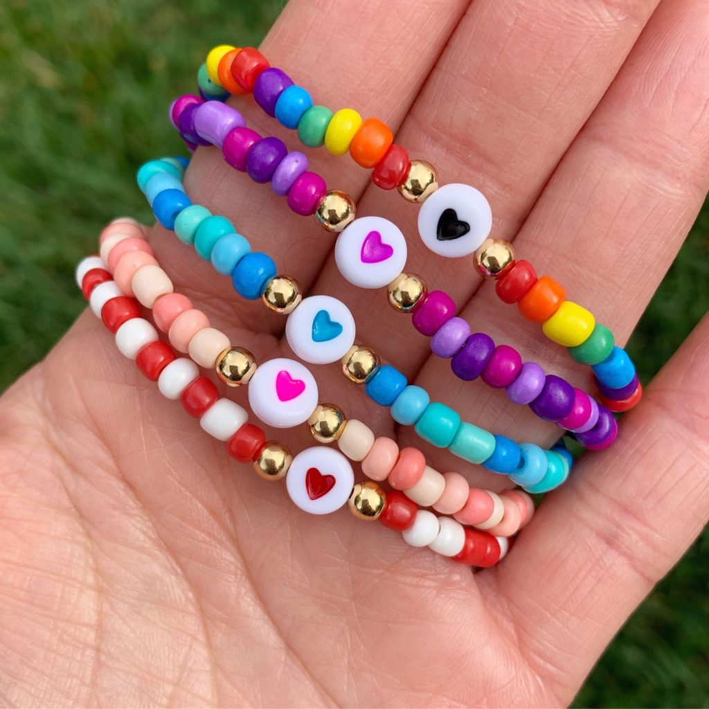 Handmade Rainbow Heart Bead Bracelet – Single Strand & 4-Piece Stack Set