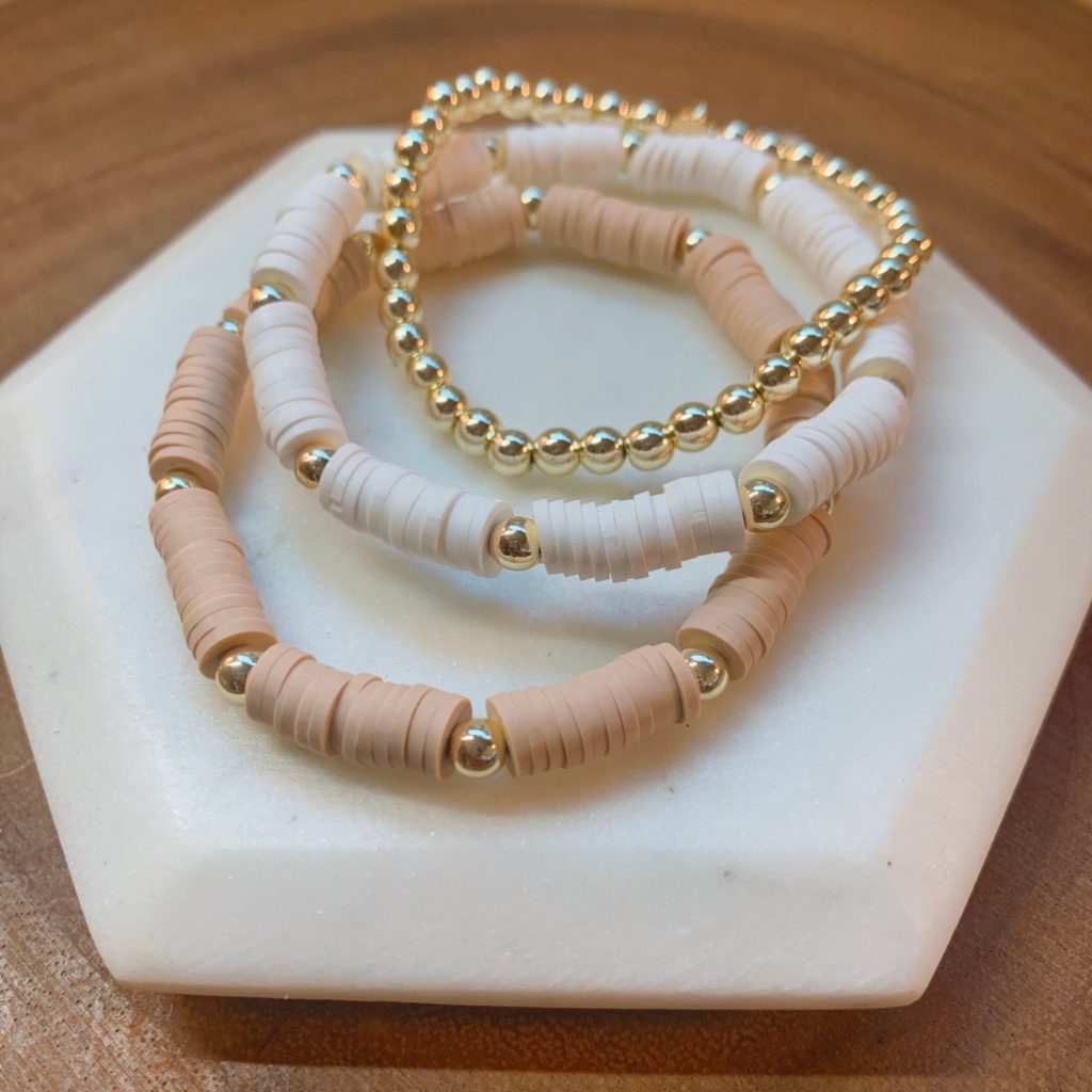 Handmade Soft Nude & Gold Minimalist Heishi Bracelet Stack- 3-Piece Set