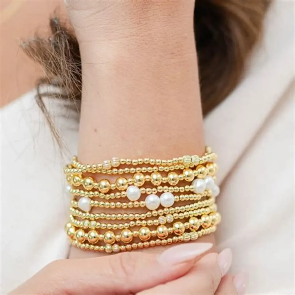 Handmade Royal Gold Bead & Luminous Pearl Cluster Bracelet Stack