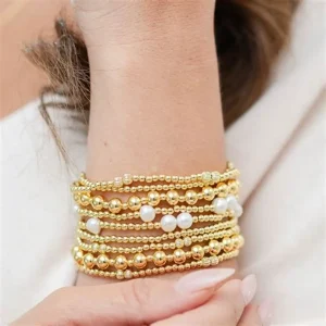 Handmade Royal Gold Bead & Luminous Pearl Cluster Bracelet Stack