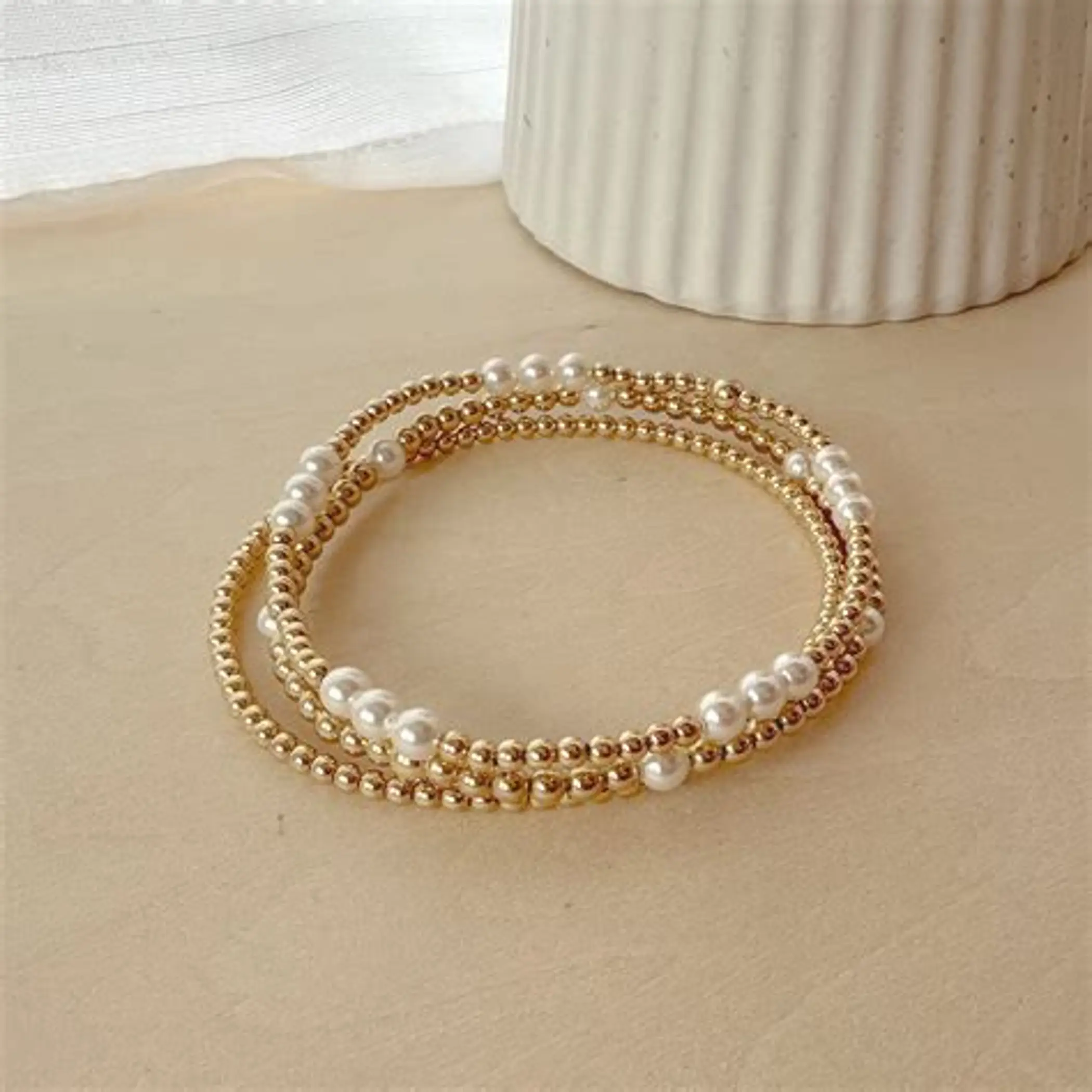 Handmade Elegant Gold Beaded & Pearl Layering Bracelet Stack - Image 2