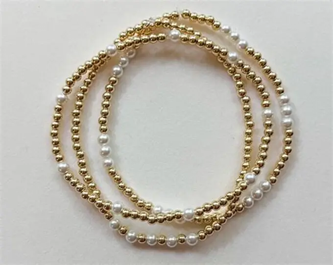 Handmade Elegant Gold Beaded & Pearl Layering Bracelet Stack - Image 3