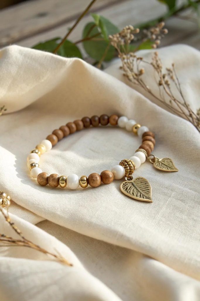 Handmade Bohemian Wooden & Pearl White Beaded Bracelet with Leaf Charms