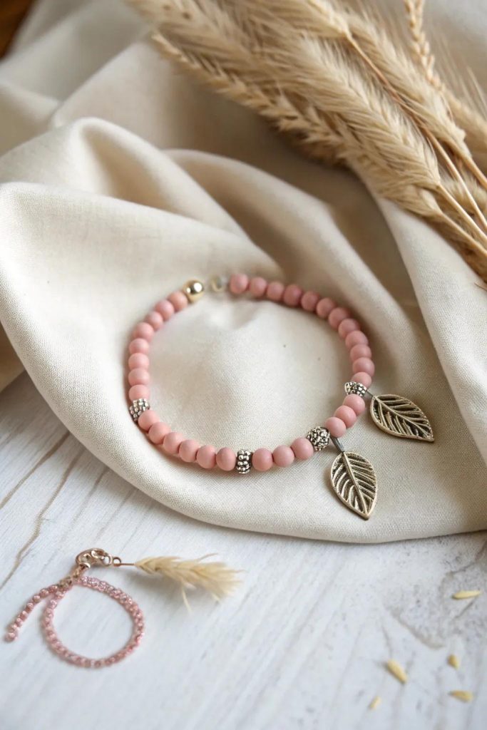 Handmade Dusty Pink Beaded Bracelet with Vintage Leaf Charms