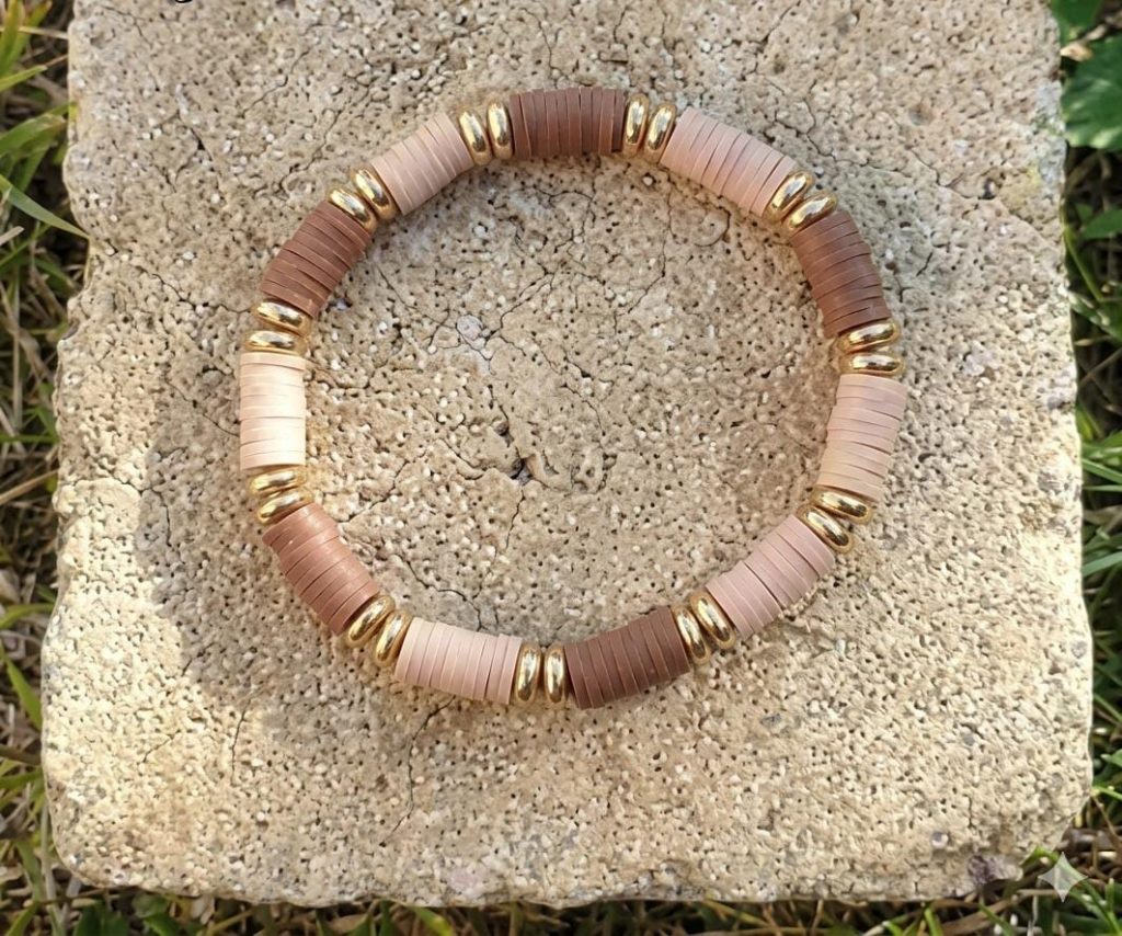 Handmade Earthy Blocks Heishi Clay Bead Bracelet with Gold Rings