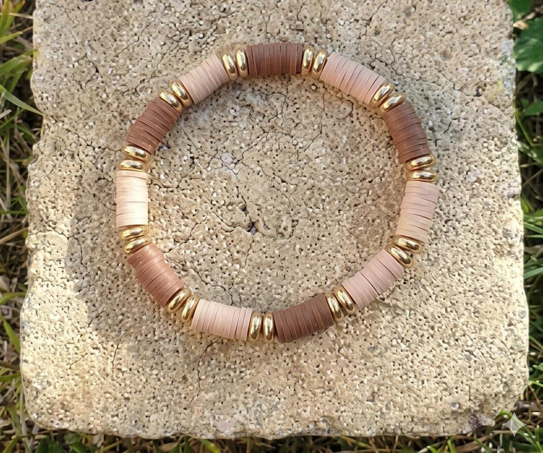 Handmade Earthy Blocks Heishi Clay Bead Bracelet with Gold Rings