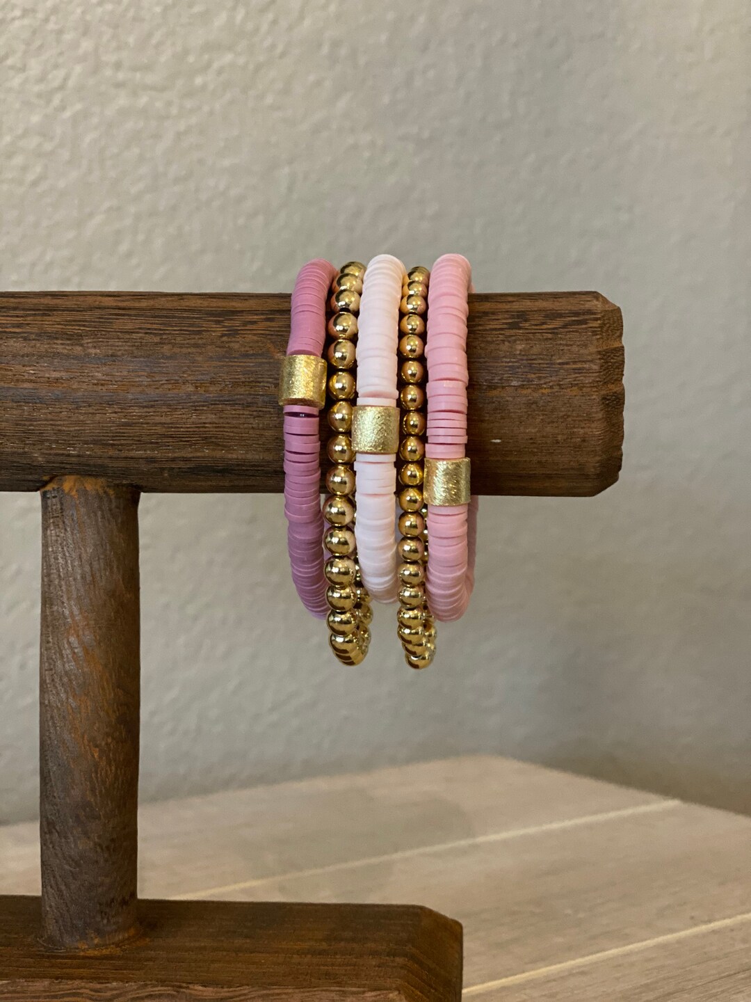 Handmade Vibrant Gold Tube Accent Heishi Clay Bracelet - Image 3