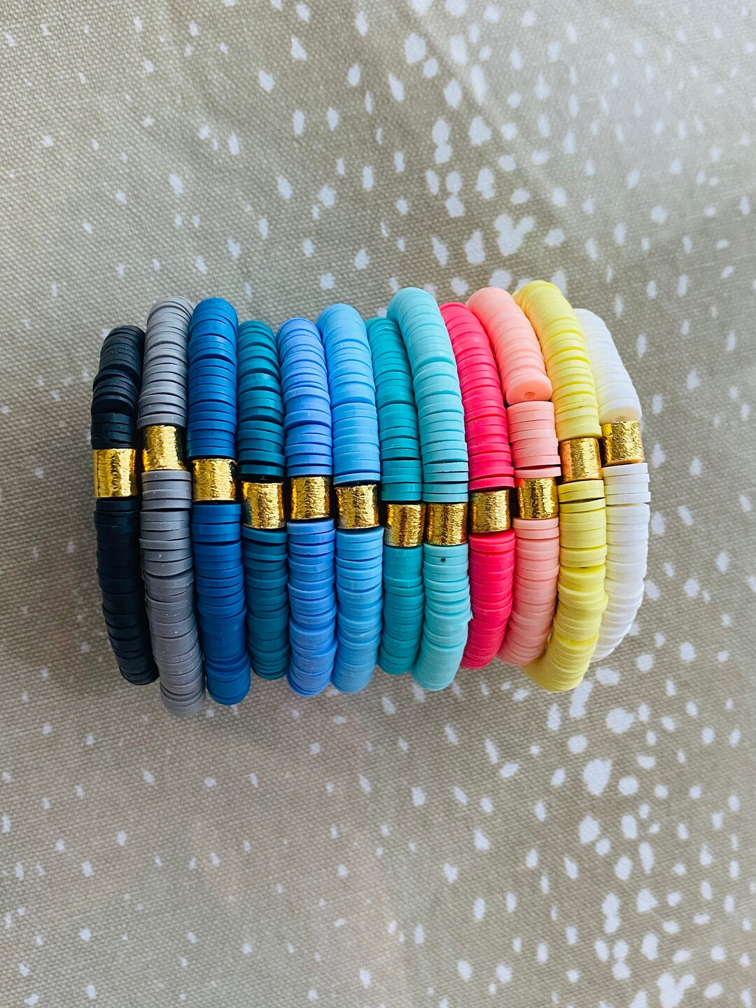 Handmade Vibrant Gold Tube Accent Heishi Clay Bracelet - Image 2