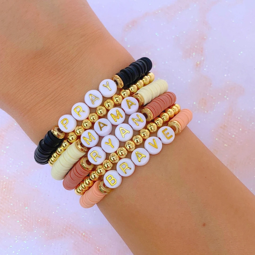 Handmade Custom Name Heishi Clay Bead Bracelet – Personalized Candy & Neutral Vibes - Image 3