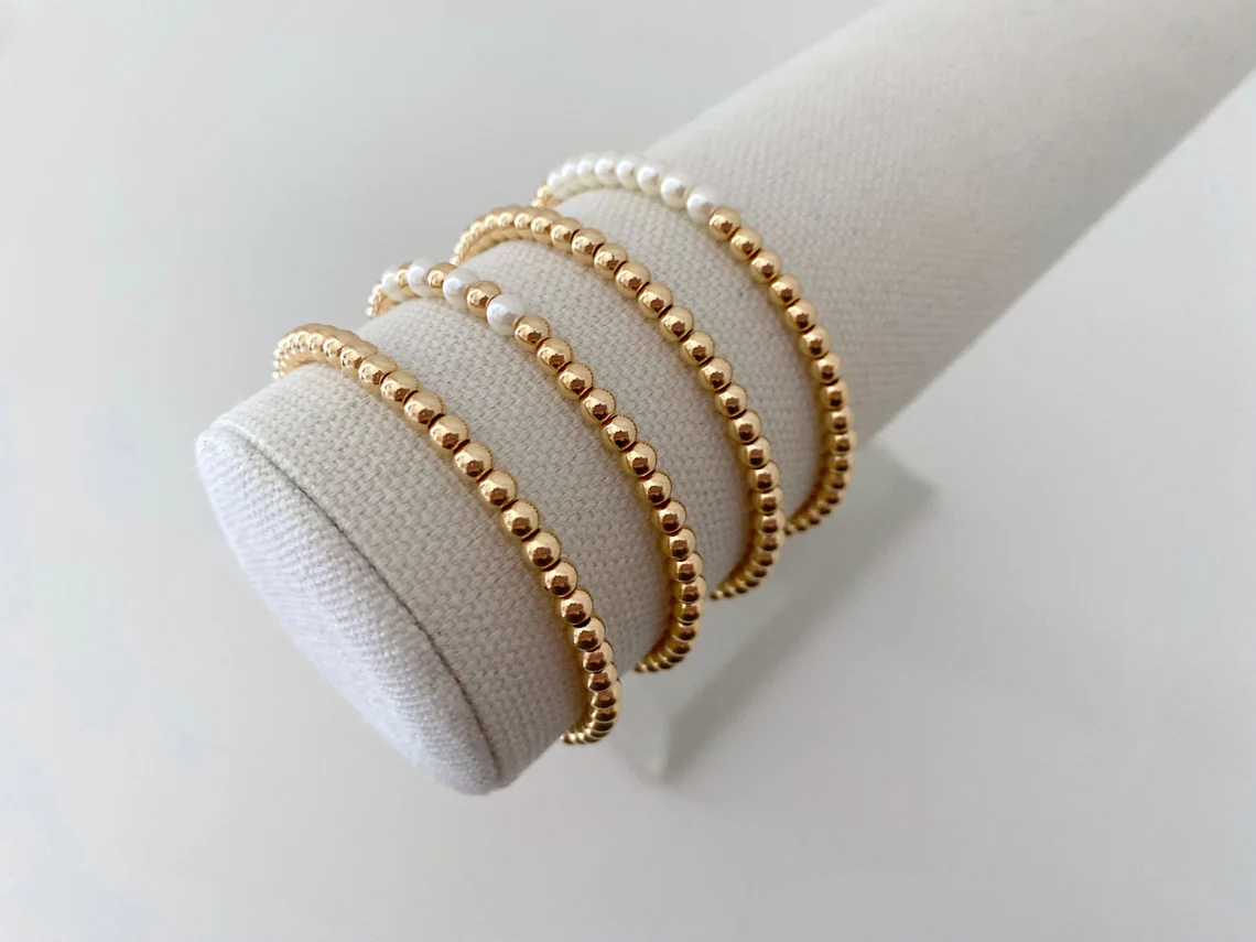 Handmade Royal Gold Beaded & Pearl Cluster Bracelet Stack – 8-Piece Set - Image 2