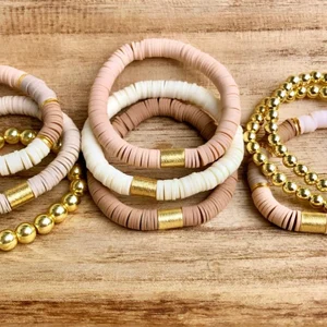 Handmade Vibrant Gold Tube Accent Heishi Clay Bracelet