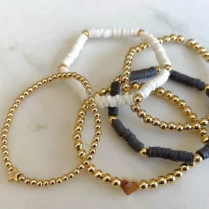 Handmade Monochrome Luxury Heishi & Gold Bead Bracelet – 3-Piece Stack Set