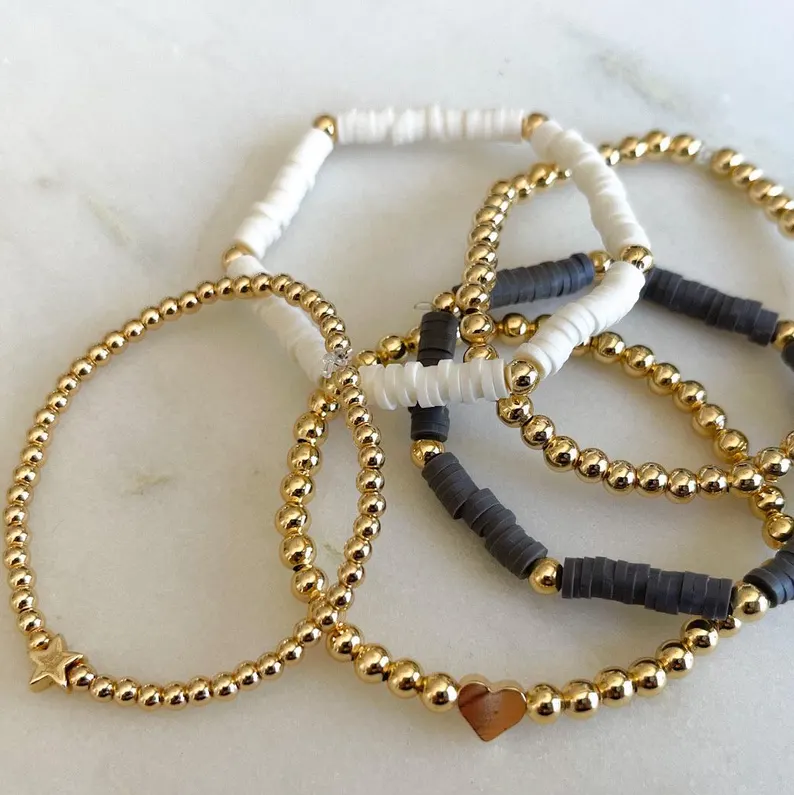 Handmade Monochrome Luxury Heishi & Gold Bead Bracelet – 3-Piece Stack Set